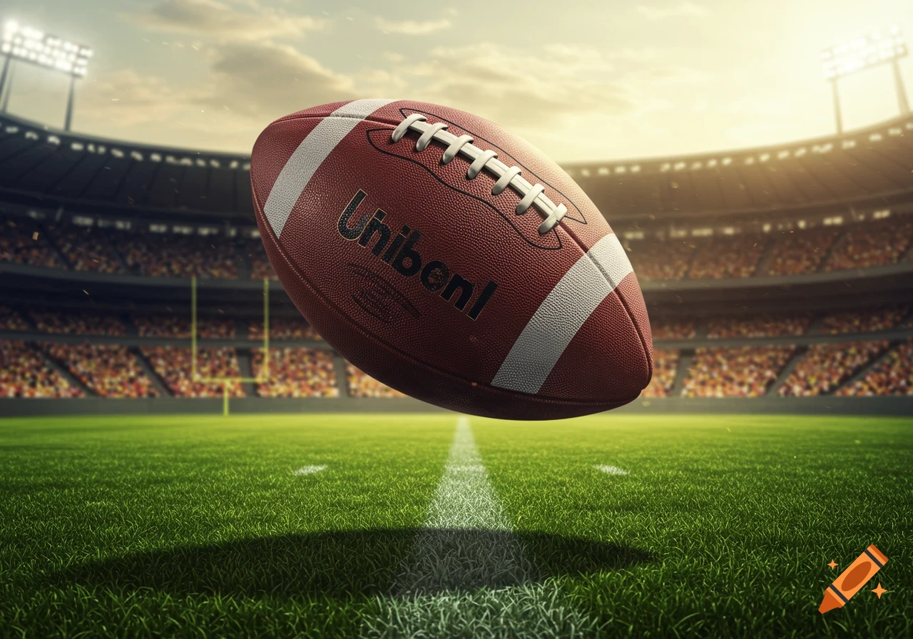 A brown American football floats above a green grassy field in a large stadium under a bright sky.