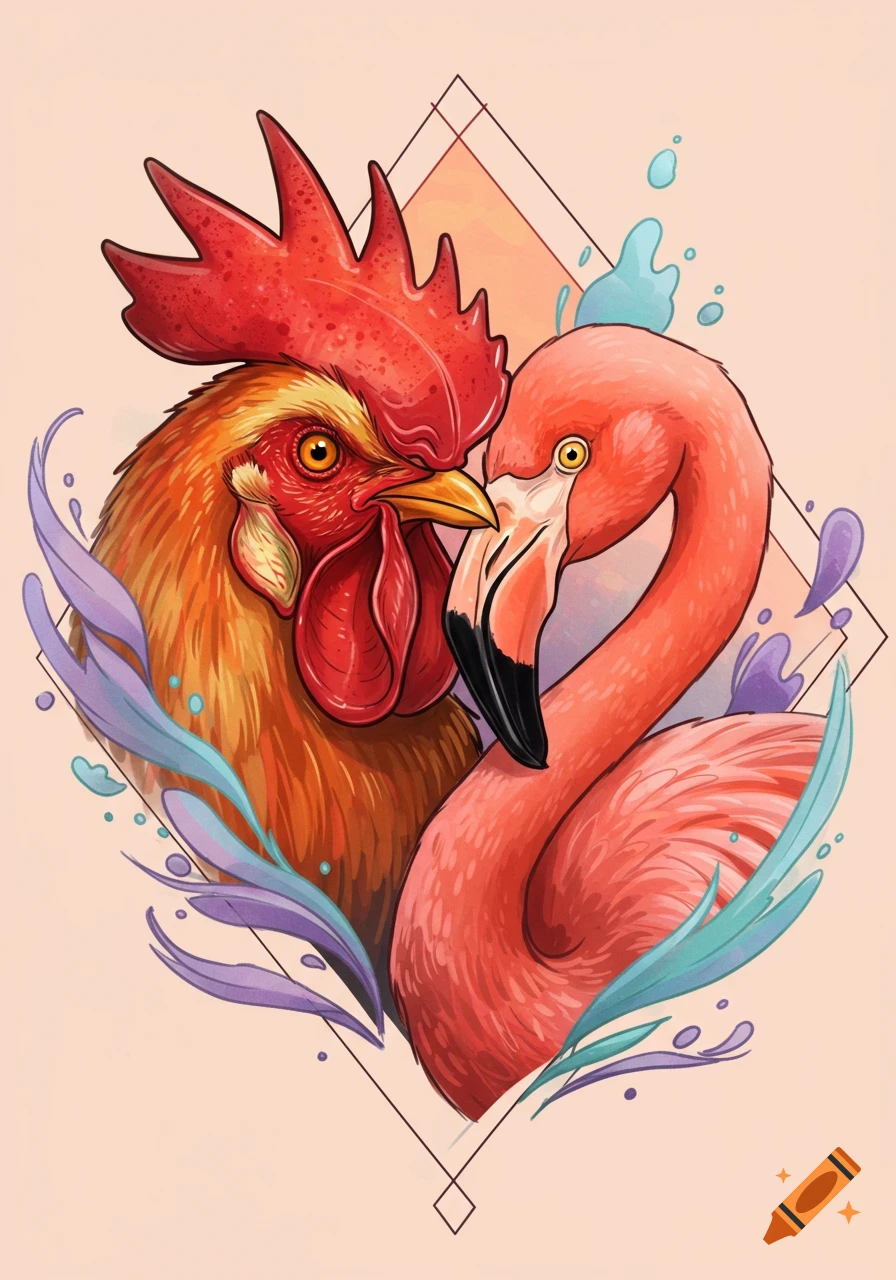 A colorful illustration of a rooster head and a flamingo head in a loving embrace, within a diamond outline with splashes.