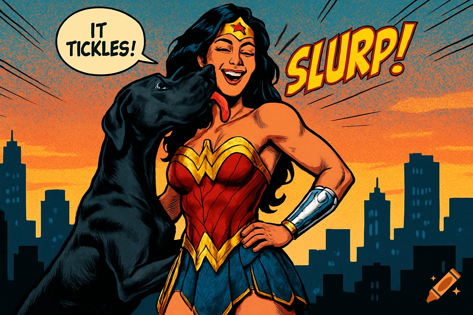 Comic illustration of Wonder Woman laughing as a black Great Dane licks her face, with text 'IT TICKLES!' and 'SLURP!' above a city skyline at dusk.