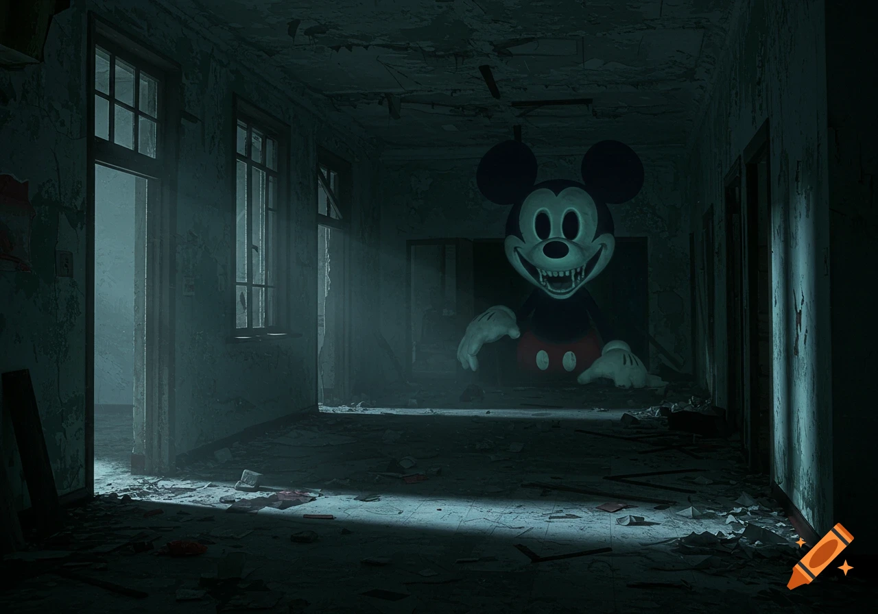 A monstrous, grinning Mickey Mouse with fangs in a dark, abandoned, decaying hallway with light shining through windows.