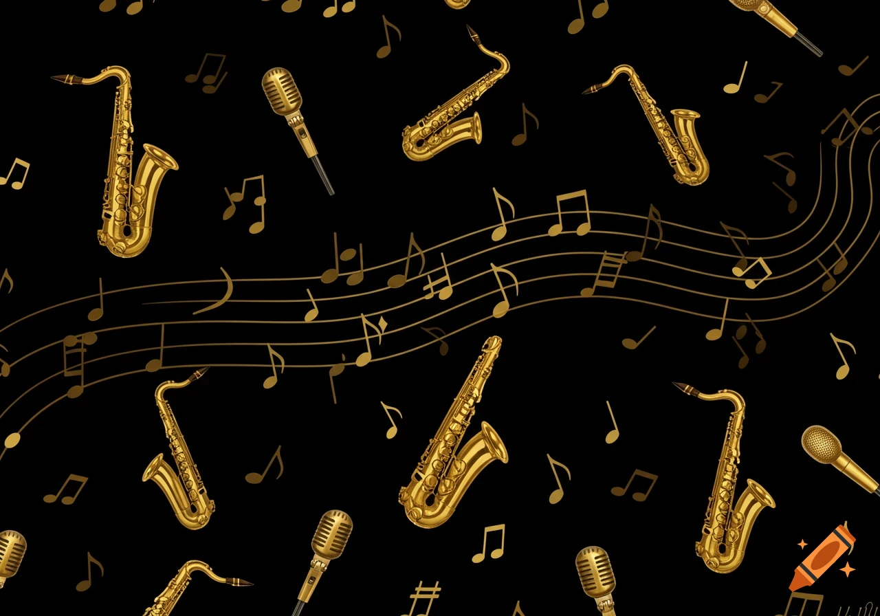 Gold saxophones, microphones, and music notes scattered across a black background.