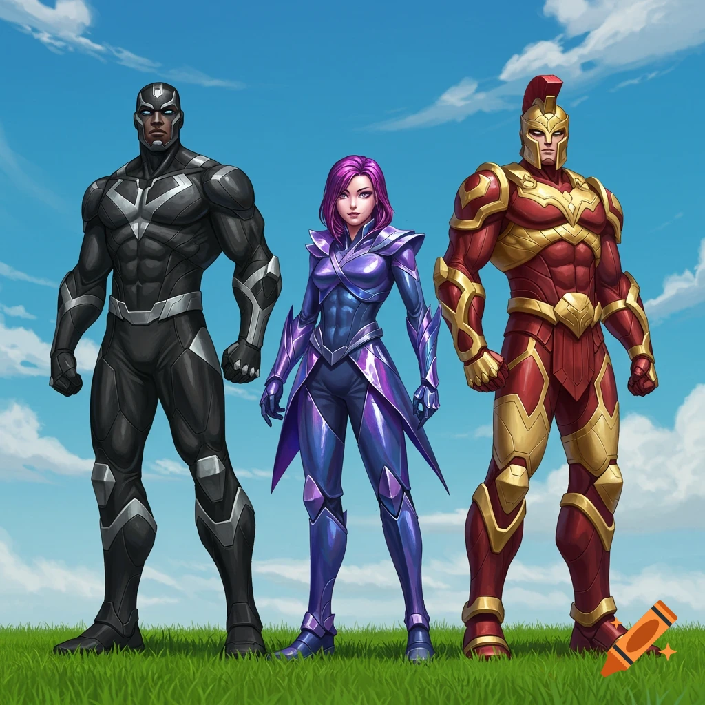 Three stylized superhero characters, one black, one purple, and one red and gold, stand on grass under a blue sky.