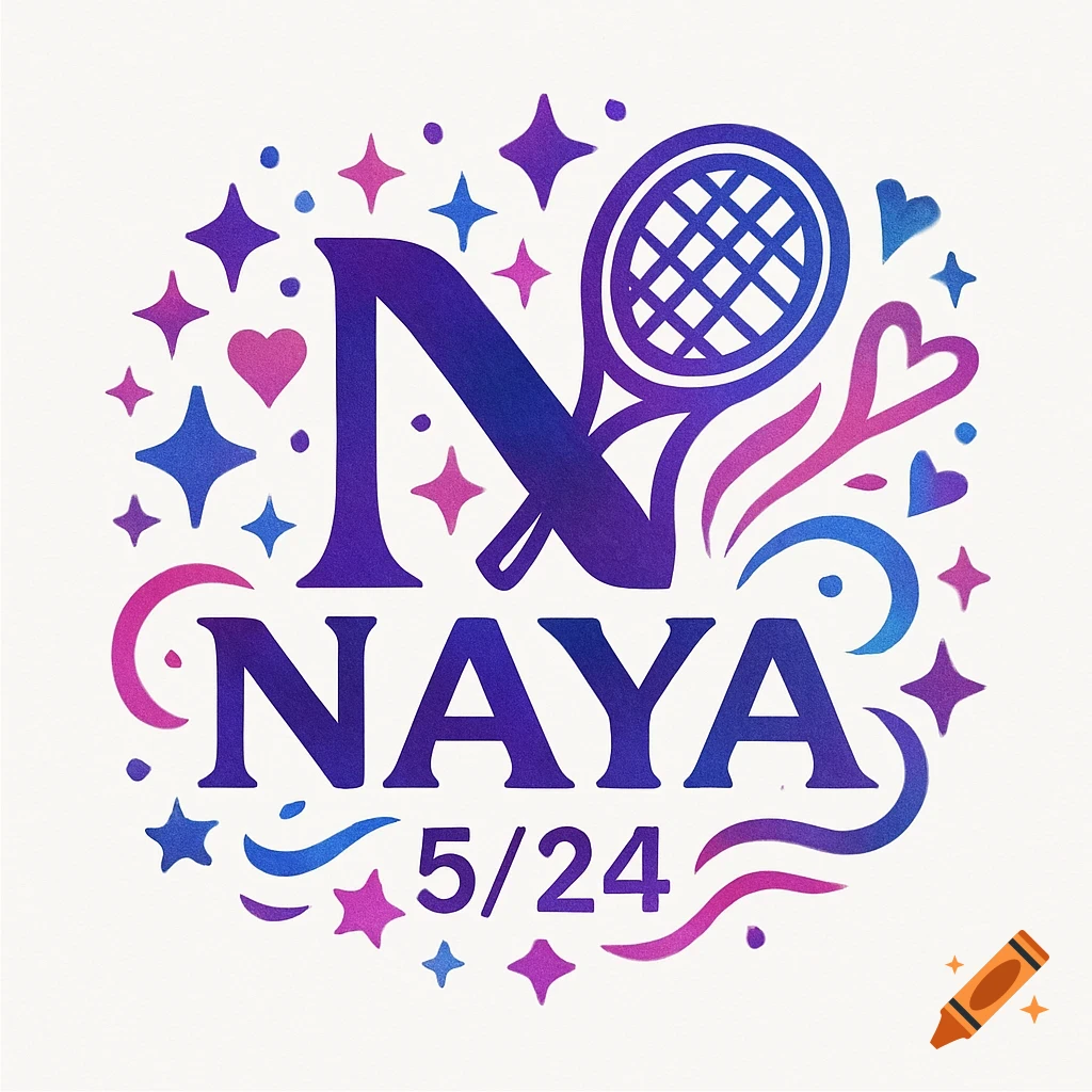 A vibrant purple, blue, and pink logo featuring a large 'N', 'NAYA', and '5/24', with a tennis racket, stars, and hearts.