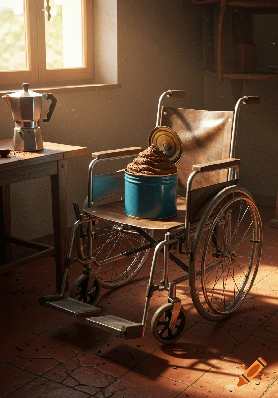 A photorealistic image of a wheelchair in a sunlit room, with a blue tin full of coffee grounds and a moka pot on a nearby table.