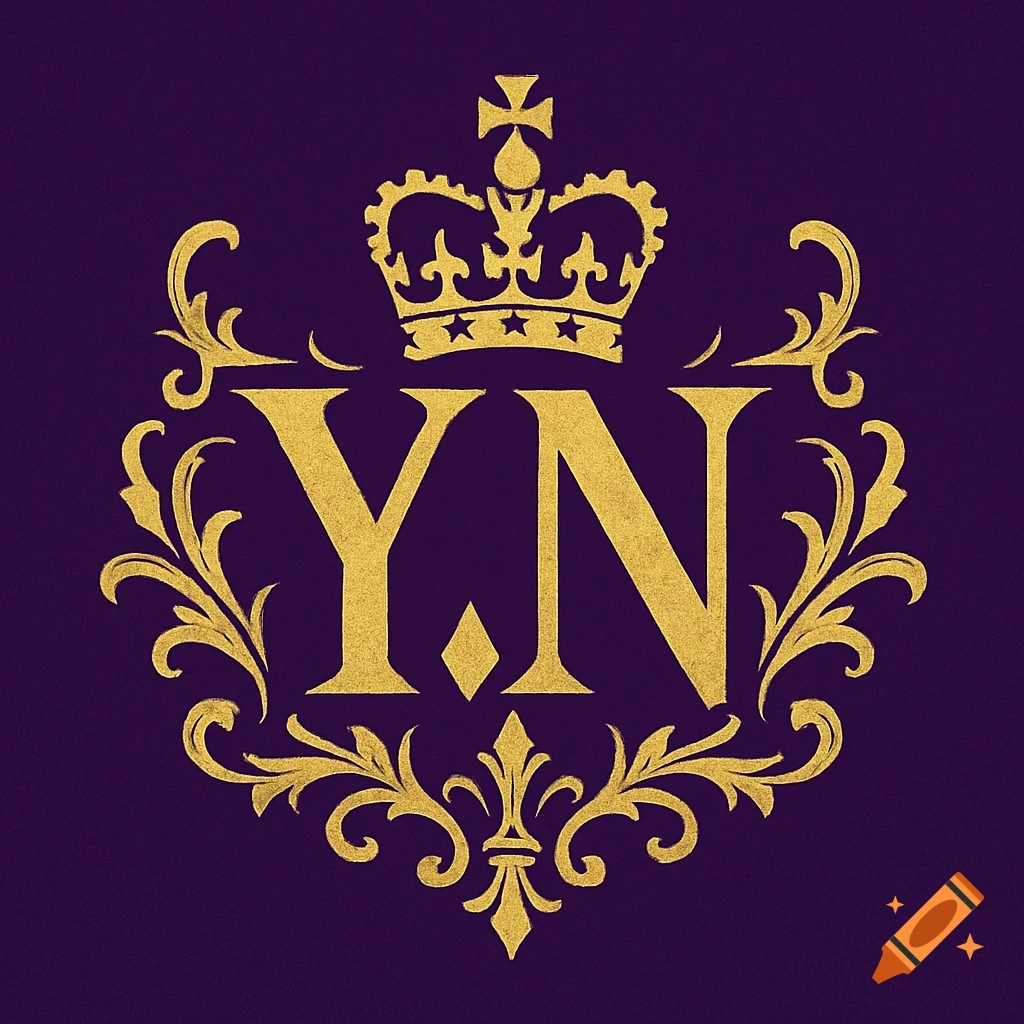 Gold Y.N initials beneath a crown, surrounded by ornate gold filigree on a purple background, forming a regal logo.