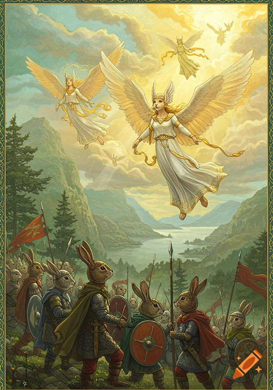 A renaissance-style painting of winged, angelic bunny Valkyries descending over an army of bunny soldiers in a mountainous valley.