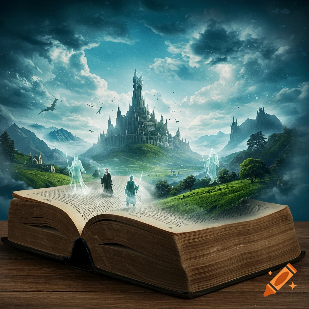 A vibrant fantasy landscape with a grand castle and mountains emerges from the pages of an open book, with ghostly figures and a dark-robed person standing on the text.