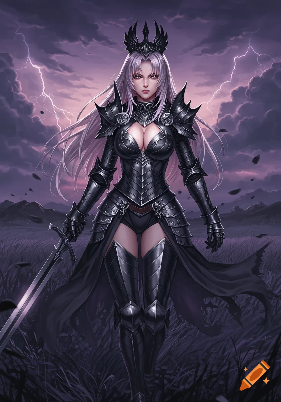Anime fantasy art of a female knight in dark armor holding a sword under a stormy, lightning-filled sky.