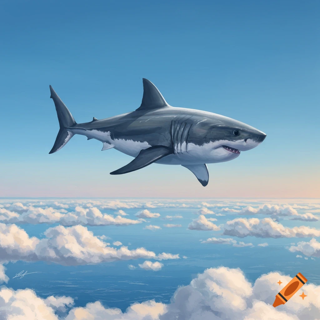 A great white shark flies through a clear blue sky over white clouds in a digital painting.