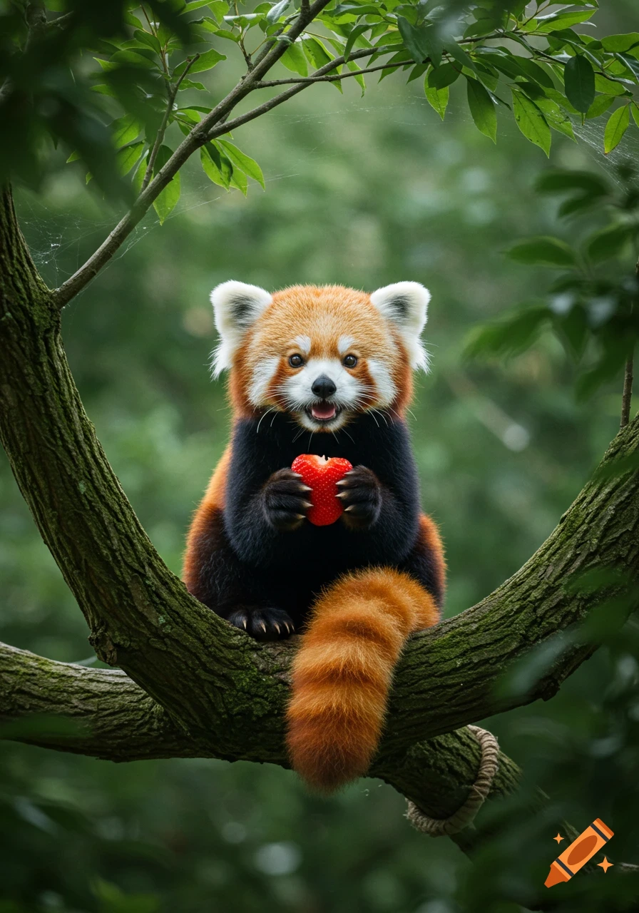 A red panda sits on a tree branch, holding and eating a red strawberry, with green foliage in the background.