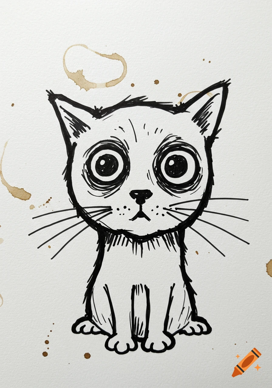 A black and white sketchy drawing of a wide-eyed cat with large pupils, set against a white background with brown coffee stains.