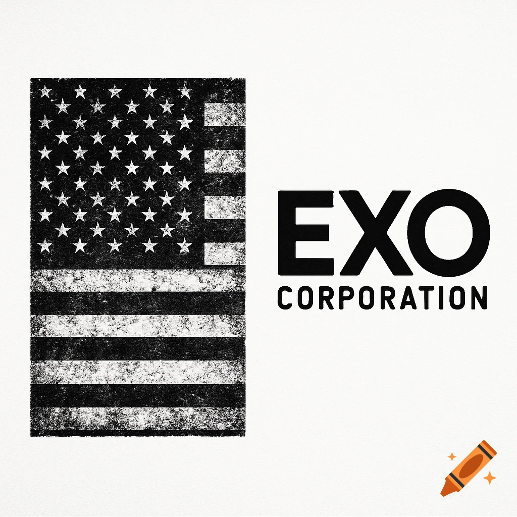 Distressed black and white American flag next to a black 'EXO CORPORATION' logo on a white background.
