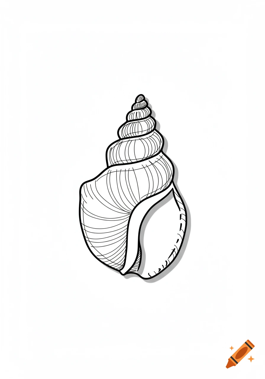 Black and white line art illustration of a spiral seashell with a shadow.