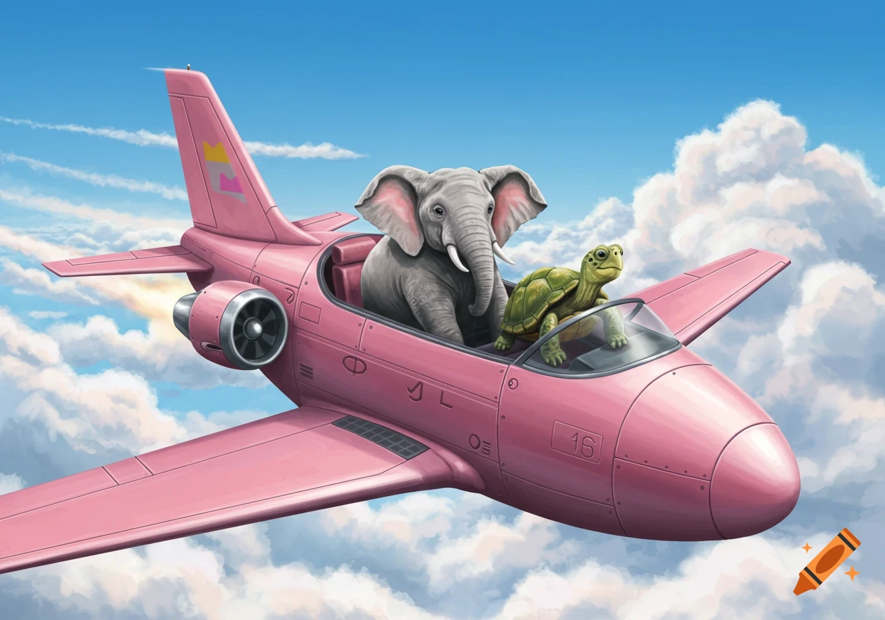 Cartoon elephant and turtle flying a pink jet plane through a blue sky with white clouds.