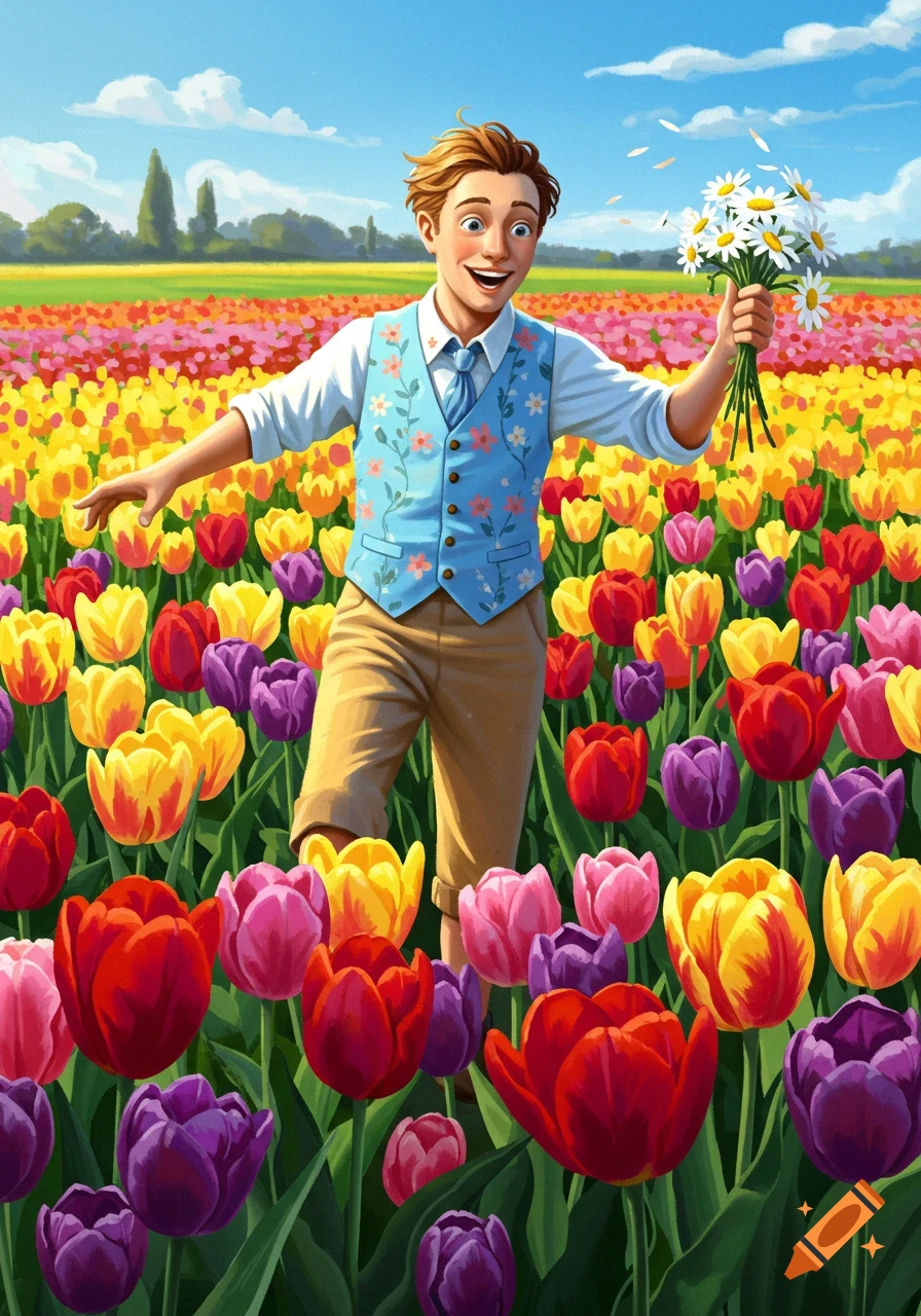 A cheerful man in a blue floral vest tiptoes through a vibrant field of colorful tulips, holding a bouquet of daisies.