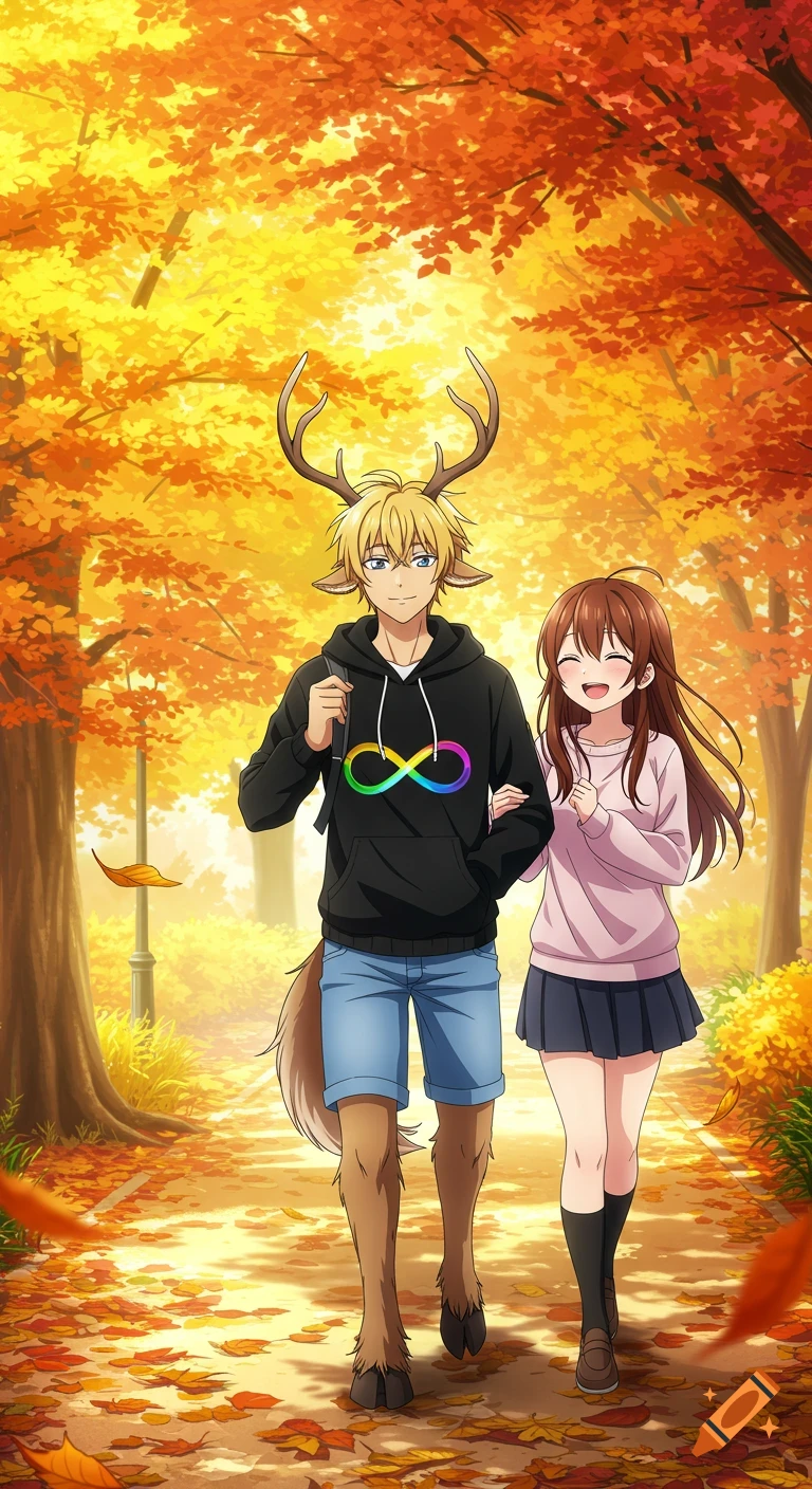 An anime boy with antlers and hooves, wearing a black hoodie with a rainbow infinity symbol, walks arm-in-arm with a human girl through an autumn park filled with orange leaves.