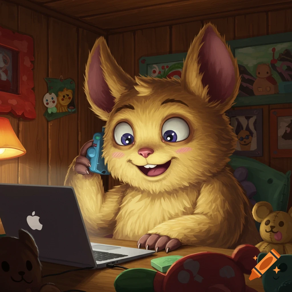 A cute, furry cartoon character with big ears smiles while on a video call on a laptop, surrounded by toys in a cozy wooden room.