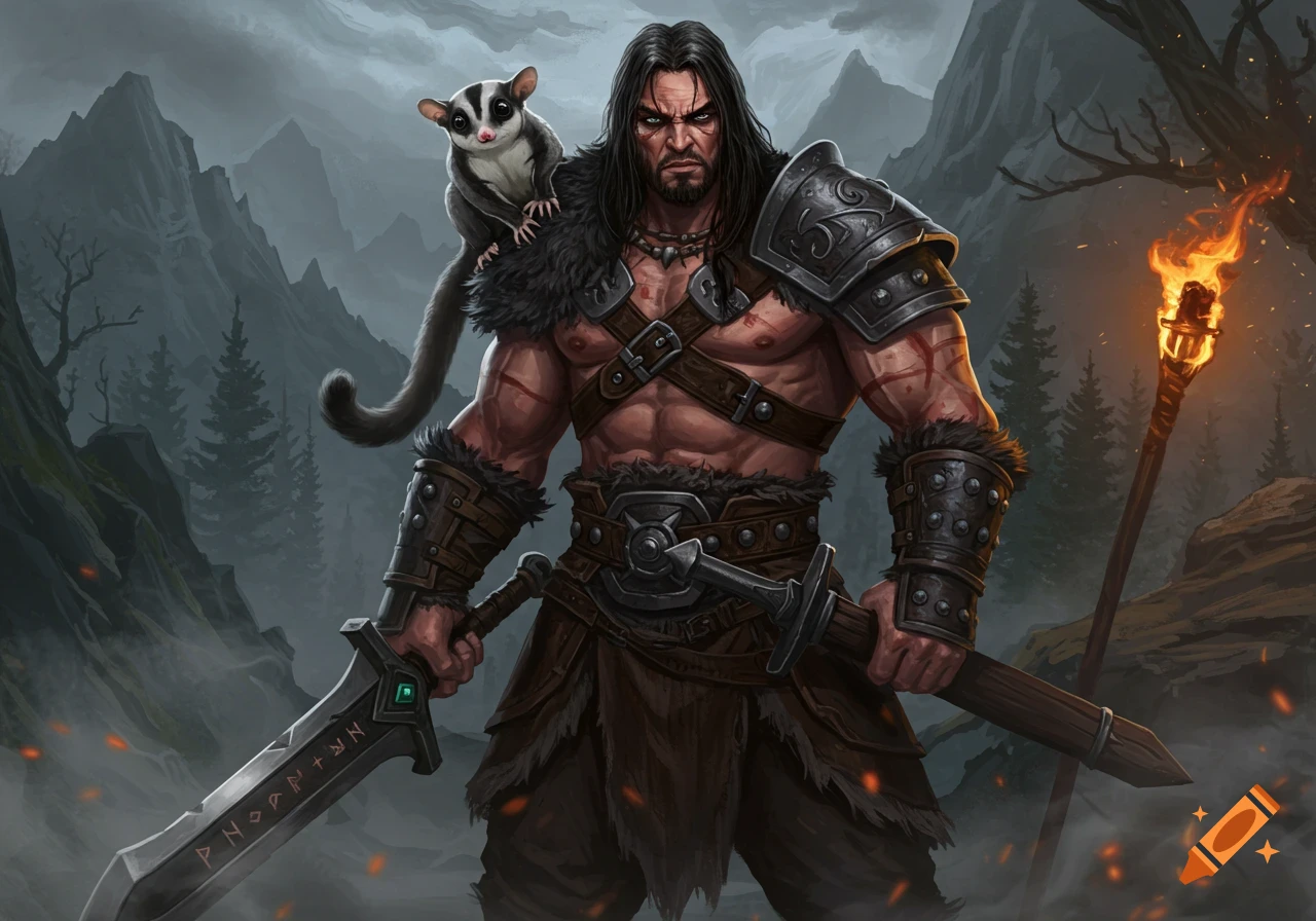 A muscular barbarian warrior with a great sword and a sugar glider on his shoulder stands in a misty mountain forest.
