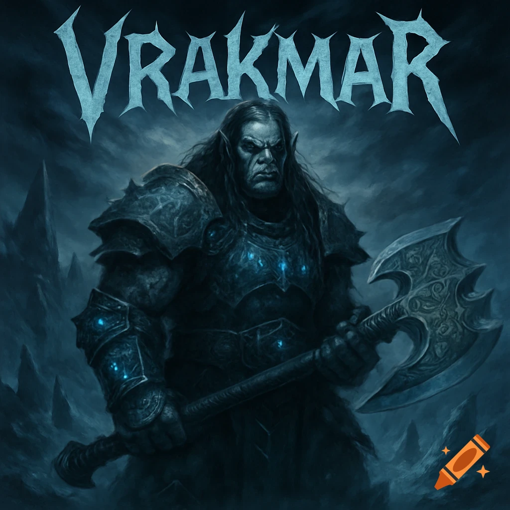 A grim orc Death Knight in frost armor holds a large axe, with the word 'VRAKMAR' above, in a dark, icy fantasy setting.