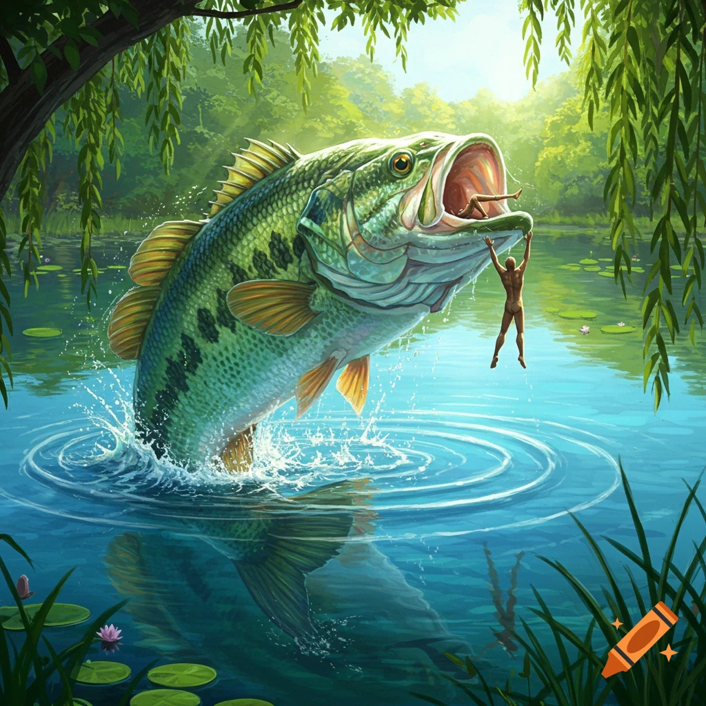 A gigantic bass fish leaps from a lake, holding a person in its mouth while another dangles from its jaw, surrounded by lush green trees and water ripples.