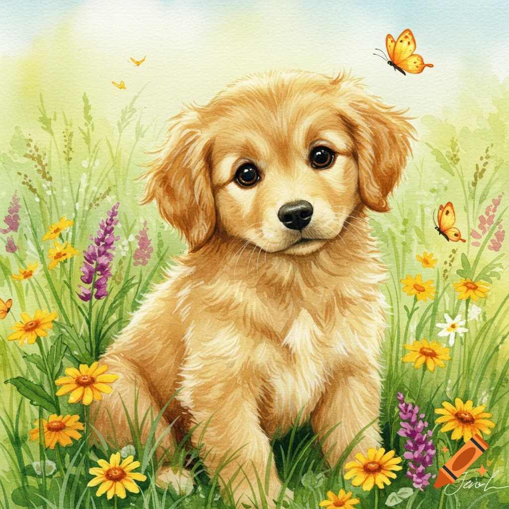 A watercolor illustration of a cute golden retriever puppy sitting in a field of colorful flowers with butterflies.