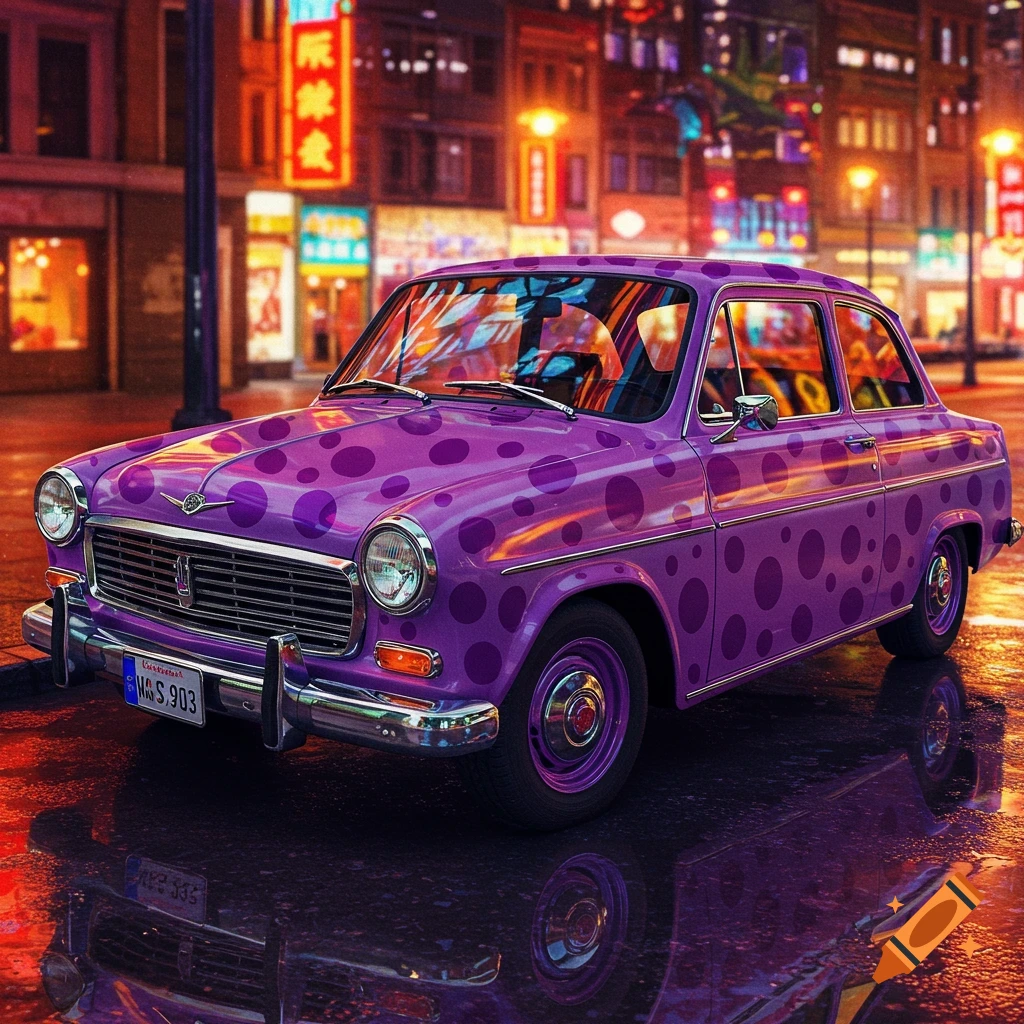 A vibrant purple vintage car with dark purple polka dots parked on a wet street at night, with neon-lit city buildings in the background.