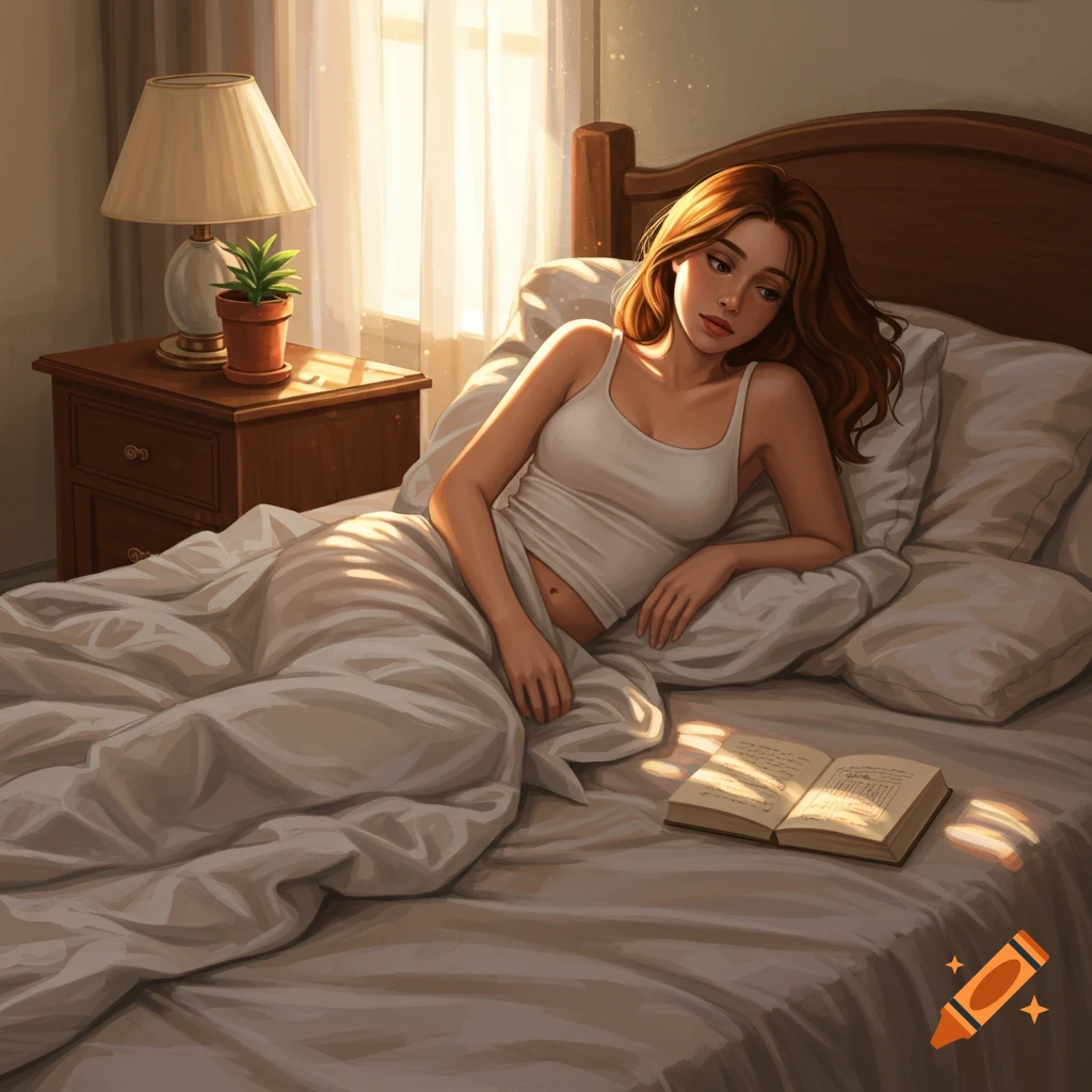 An illustration of a woman with long red hair wearing a white tank top, lying in bed with a book under warm morning light.