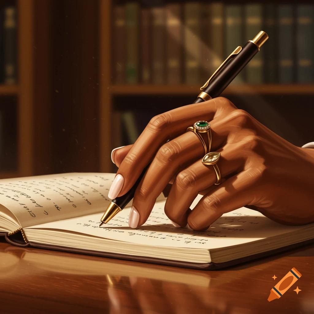 A close-up of a brown-skinned hand with manicured nails and rings holding a pen and writing in an open notebook on a wooden desk, with blurred bookshelves in the background in a photorealistic style.