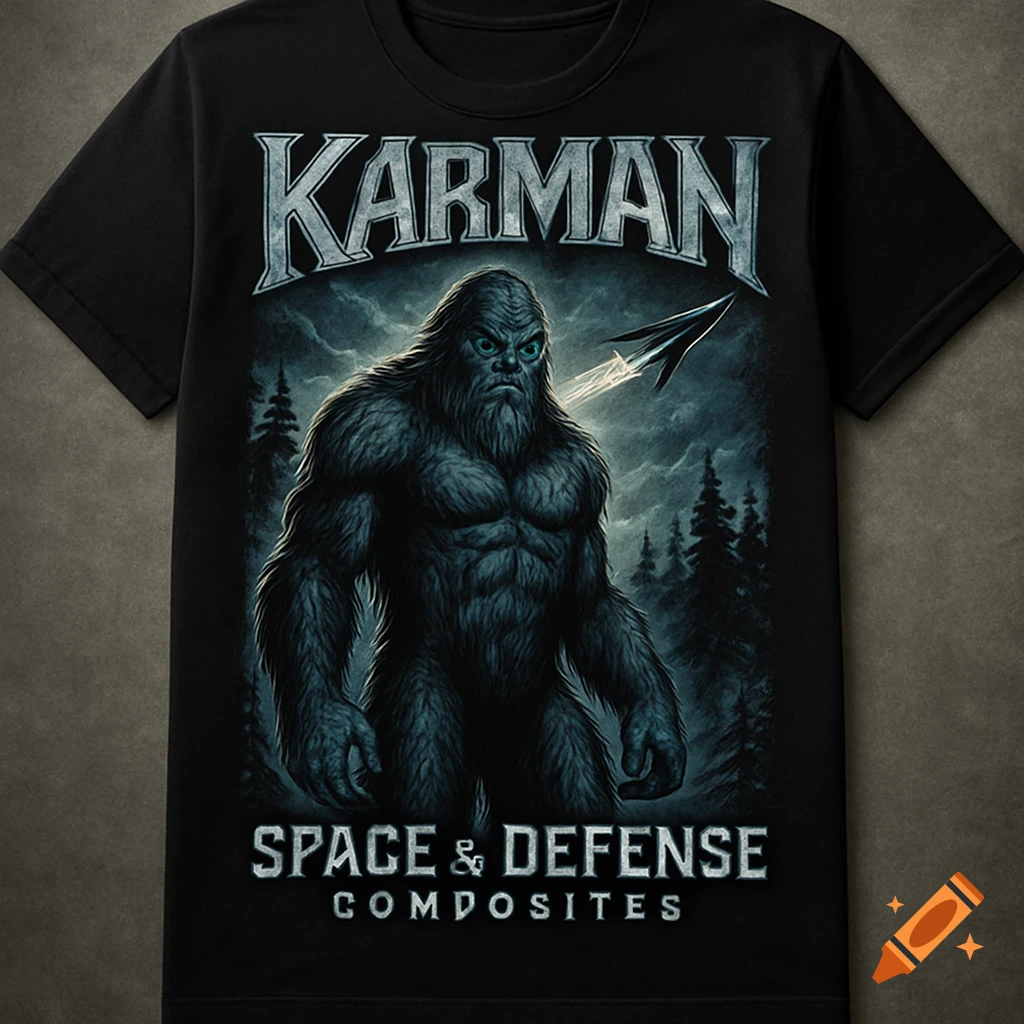Black t-shirt with a Sasquatch, a rocket, and 'Karman Space & Defense Composites' text in a metal band style.