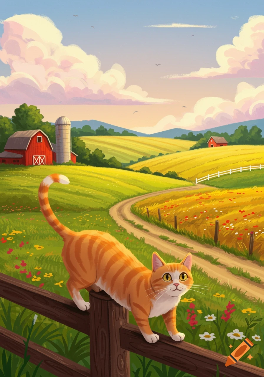 An orange tabby cat walks along a wooden fence overlooking a vibrant cartoon-style farm landscape with fields, a barn, and a silo under a cloudy sky.