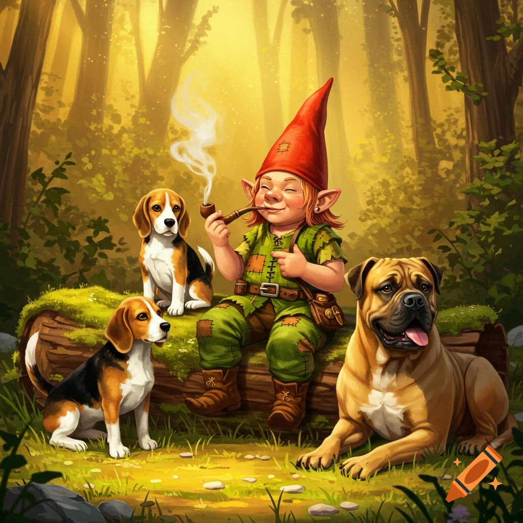 A cheerful gnome smoking a pipe sits on a log in a sunlit forest with two beagles and a bull mastiff.