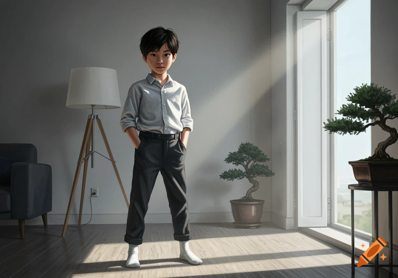 A handsome Asian boy stands with hands in pockets, wearing a light shirt, dark pants, and white socks in a minimalist room with a lamp and bonsai trees.