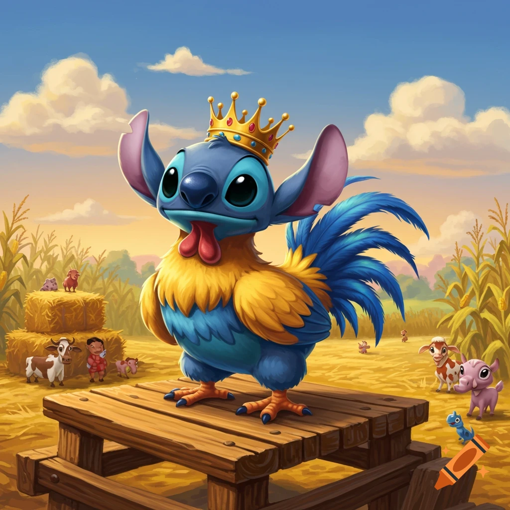 Cartoon illustration of Stitch with a chicken body and a golden crown standing on a wooden table in a sunny farm field.