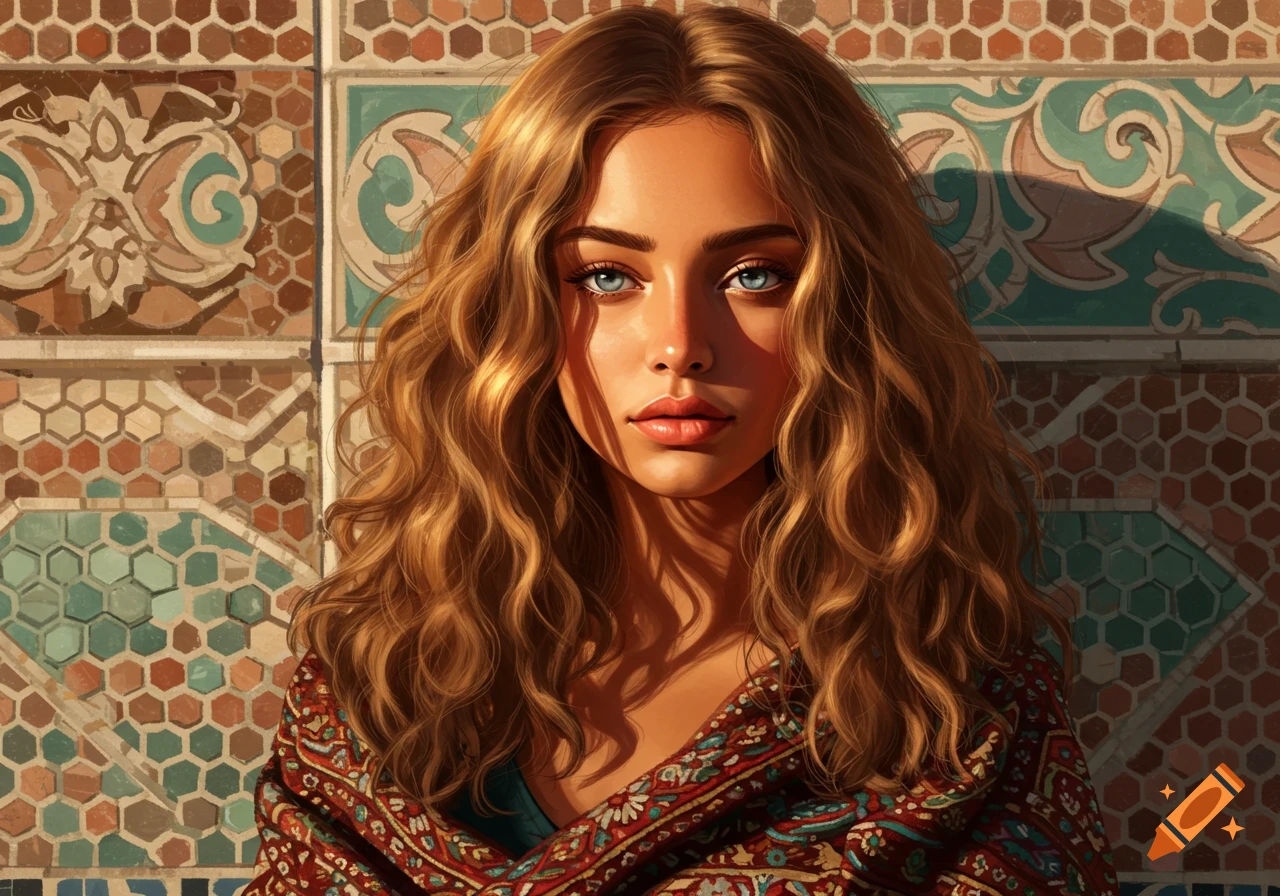 A woman with long wavy brown hair and blue eyes, wearing a patterned shawl, stands against a mosaic tile wall in sunlit digital art.