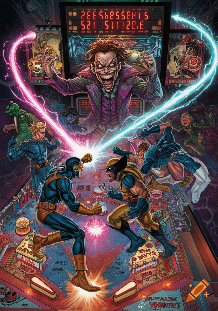 Comic art style showing Cyclops and Wolverine fighting on a pinball machine, with the Joker looming above and other characters.