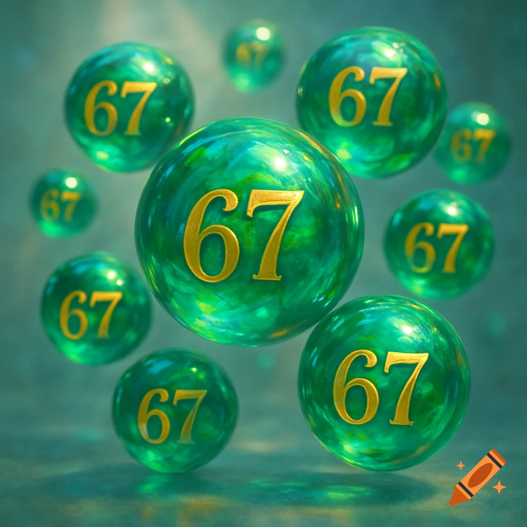 A group of floating green, translucent marbles, each with the golden number "67" on its surface, against a soft, blurred green background.