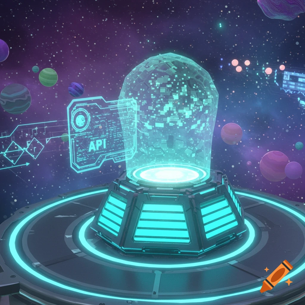 A futuristic holographic display showing 'API' above a glowing pedestal in a colorful space scene with planets.