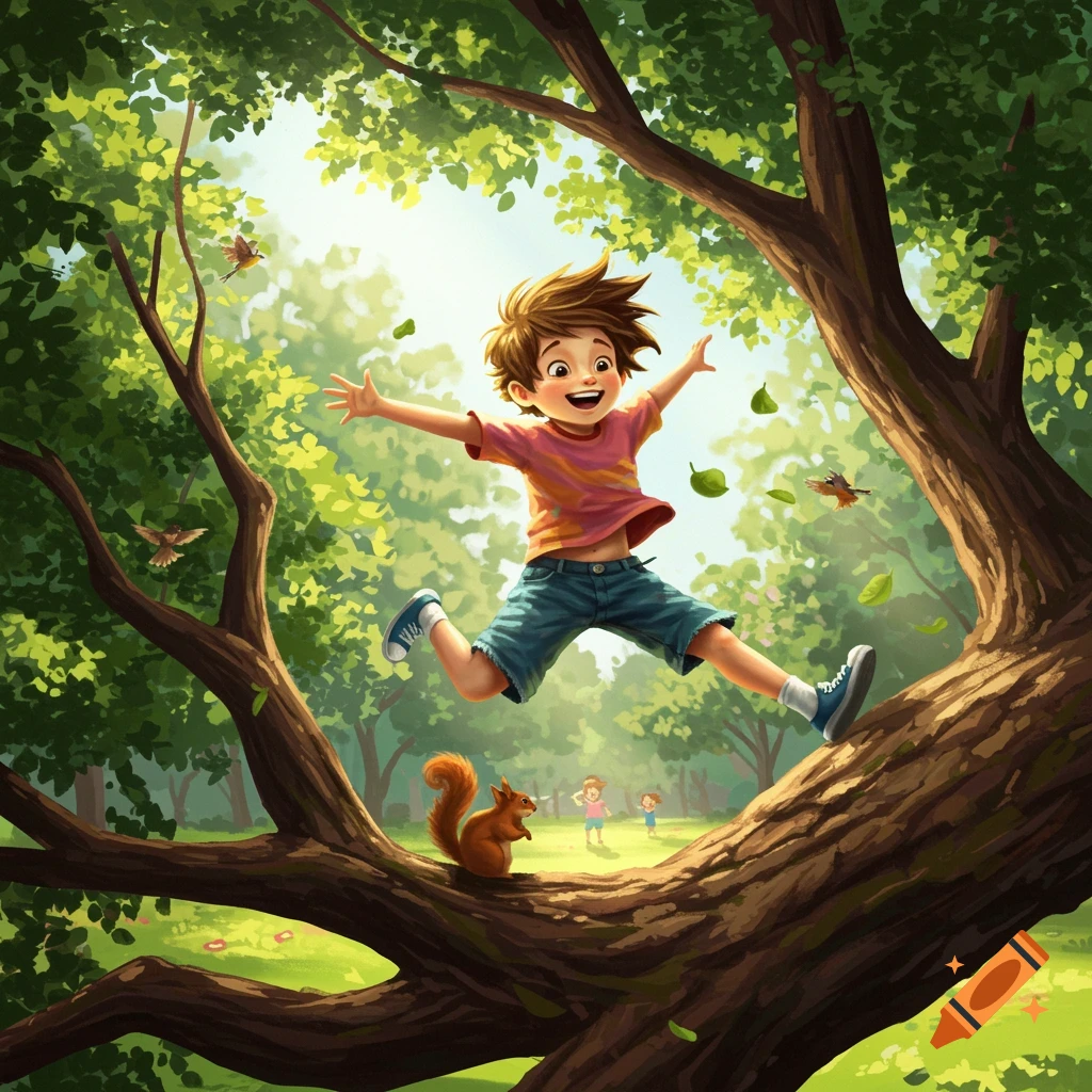 A happy, illustrated boy leaps from a large tree branch in a sunlit forest, surrounded by green leaves, with a squirrel below.