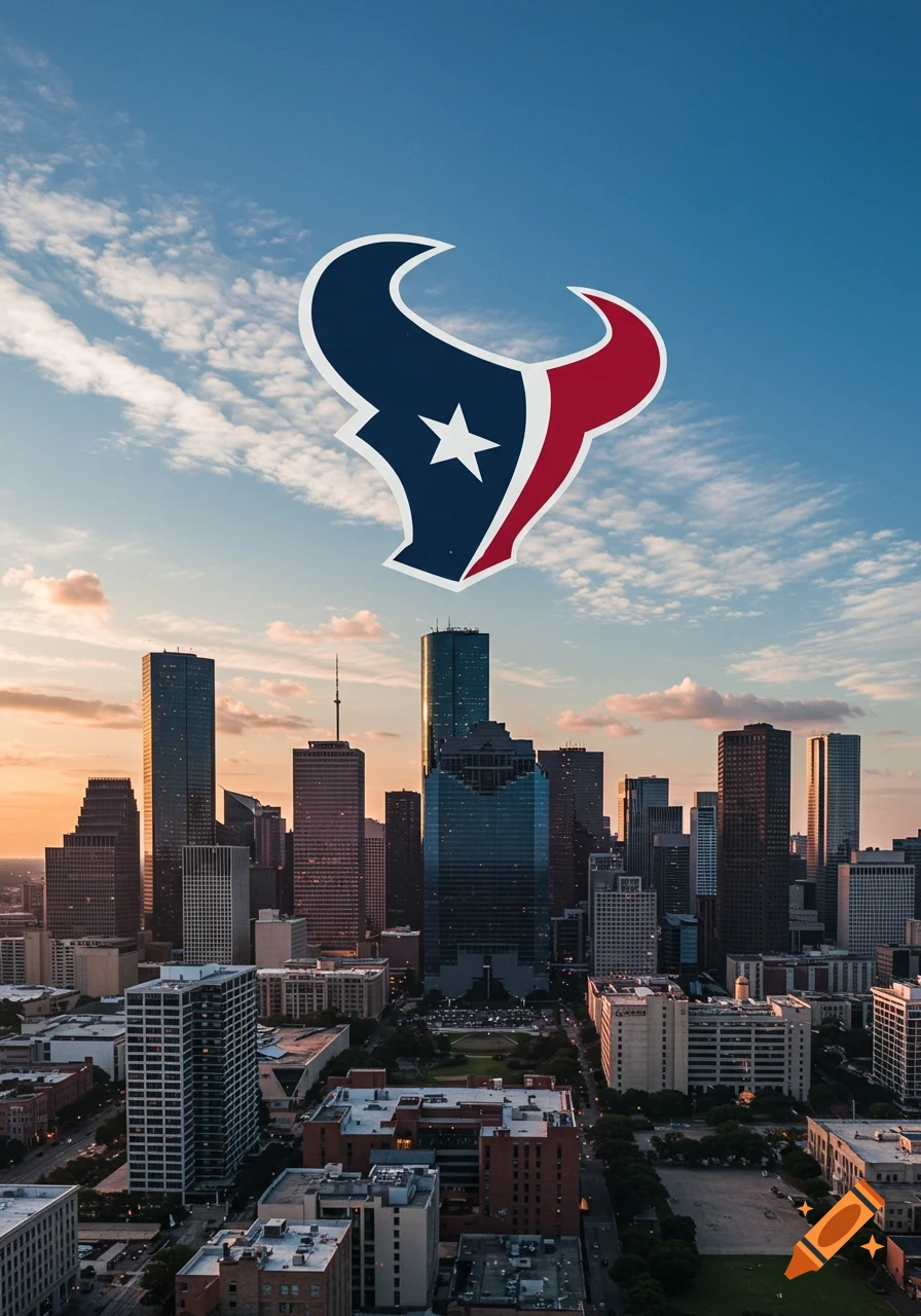A Houston Texans logo hovers above the Houston downtown skyline at sunset.