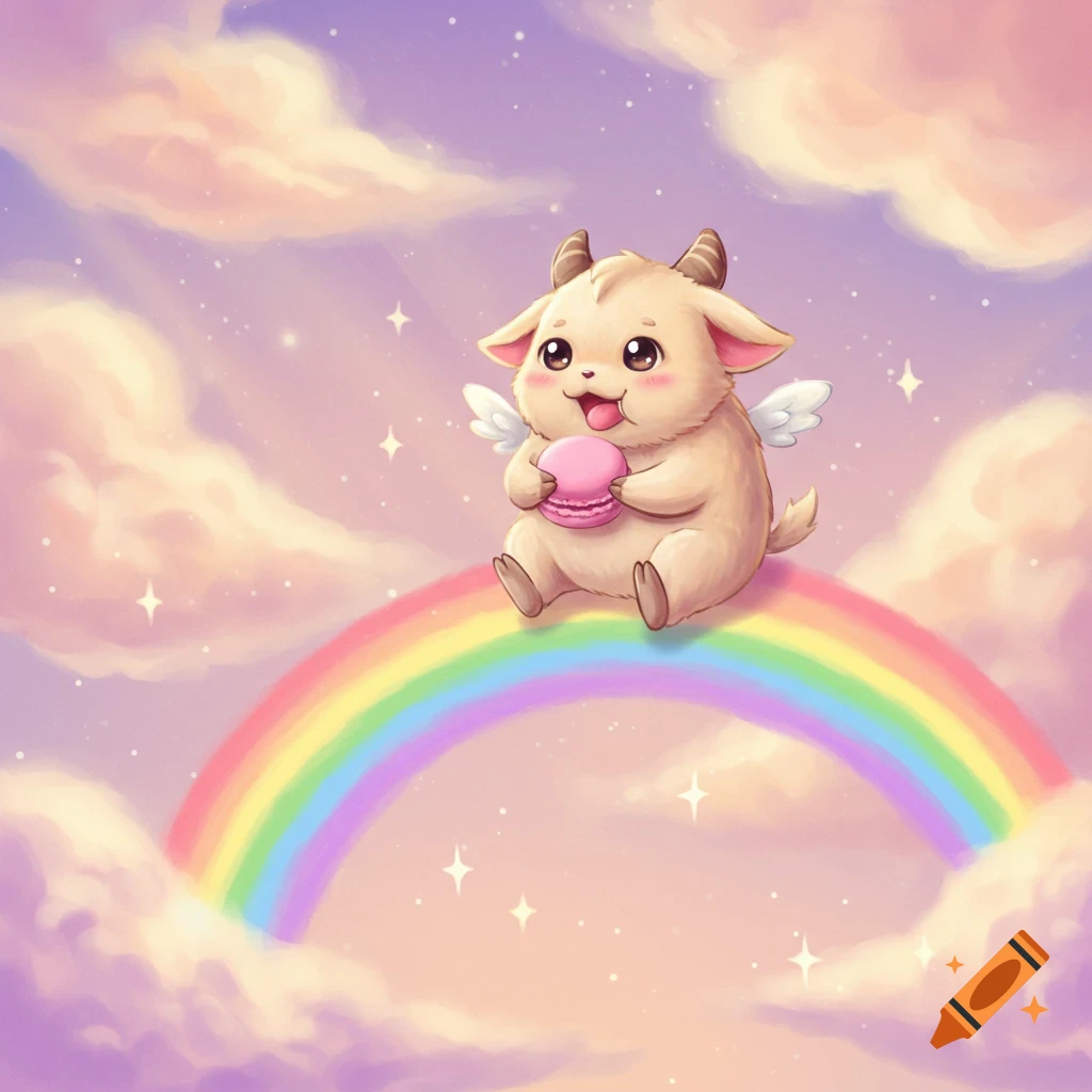 A cute, winged, horned creature sits on a vibrant rainbow in a pastel sky, holding a pink macaroon.