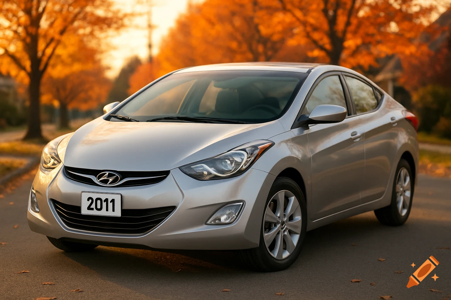 Silver Hyundai Elantra parked on an autumn road with orange trees, photorealistic style.