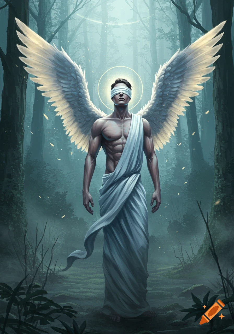 A blindfolded male angel with large white wings stands in a misty, dark forest, bathed in ethereal light.