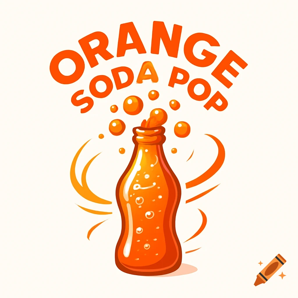 An illustration of an orange soda bottle with orange bubbles bursting out of the top, and the text "ORANGE SODA POP" in bold orange letters above it.