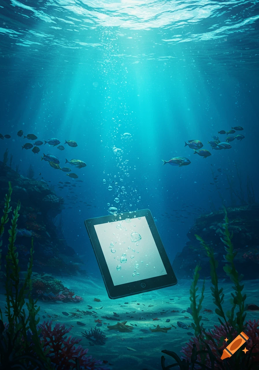 A tablet sinks through the clear blue ocean, surrounded by fish, coral reefs, and sunbeams.