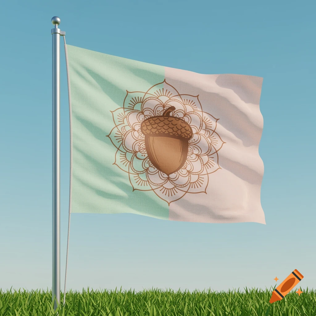 A pale pink and mint green flag with a brown acorn centered within a mandala, on a flagpole above green grass under a blue sky.