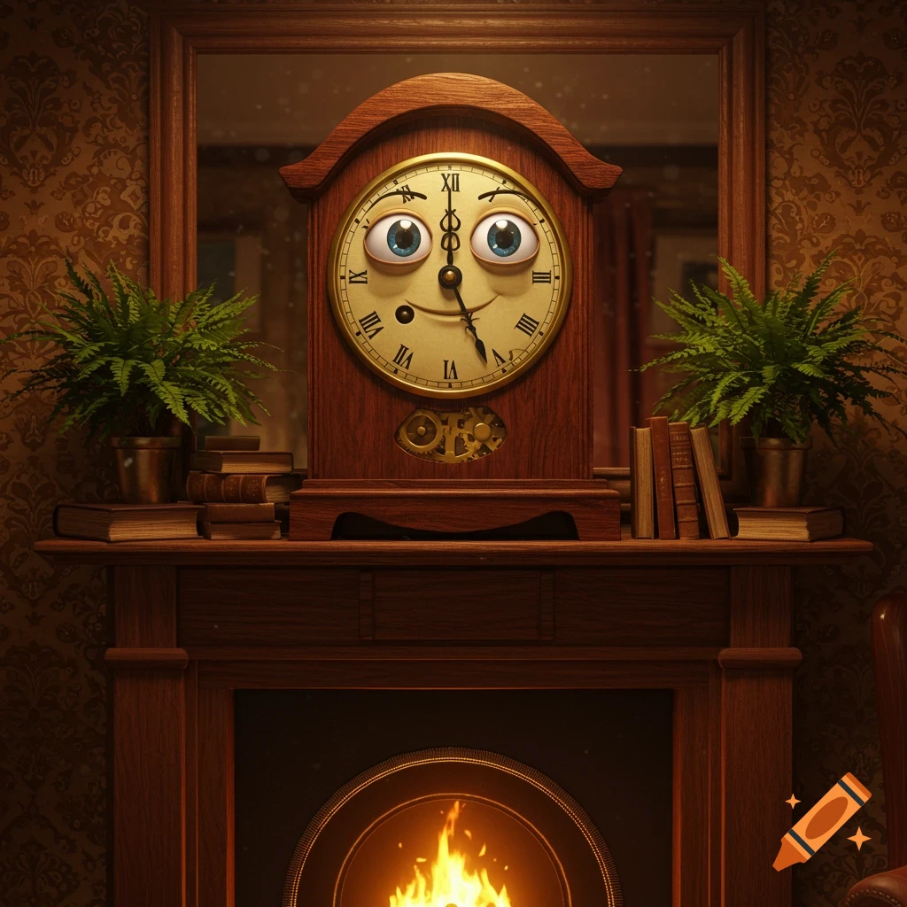 A cartoon grandfather clock with large blue eyes and a smiling face sits on a mantelpiece above a glowing fireplace, flanked by potted ferns and books.