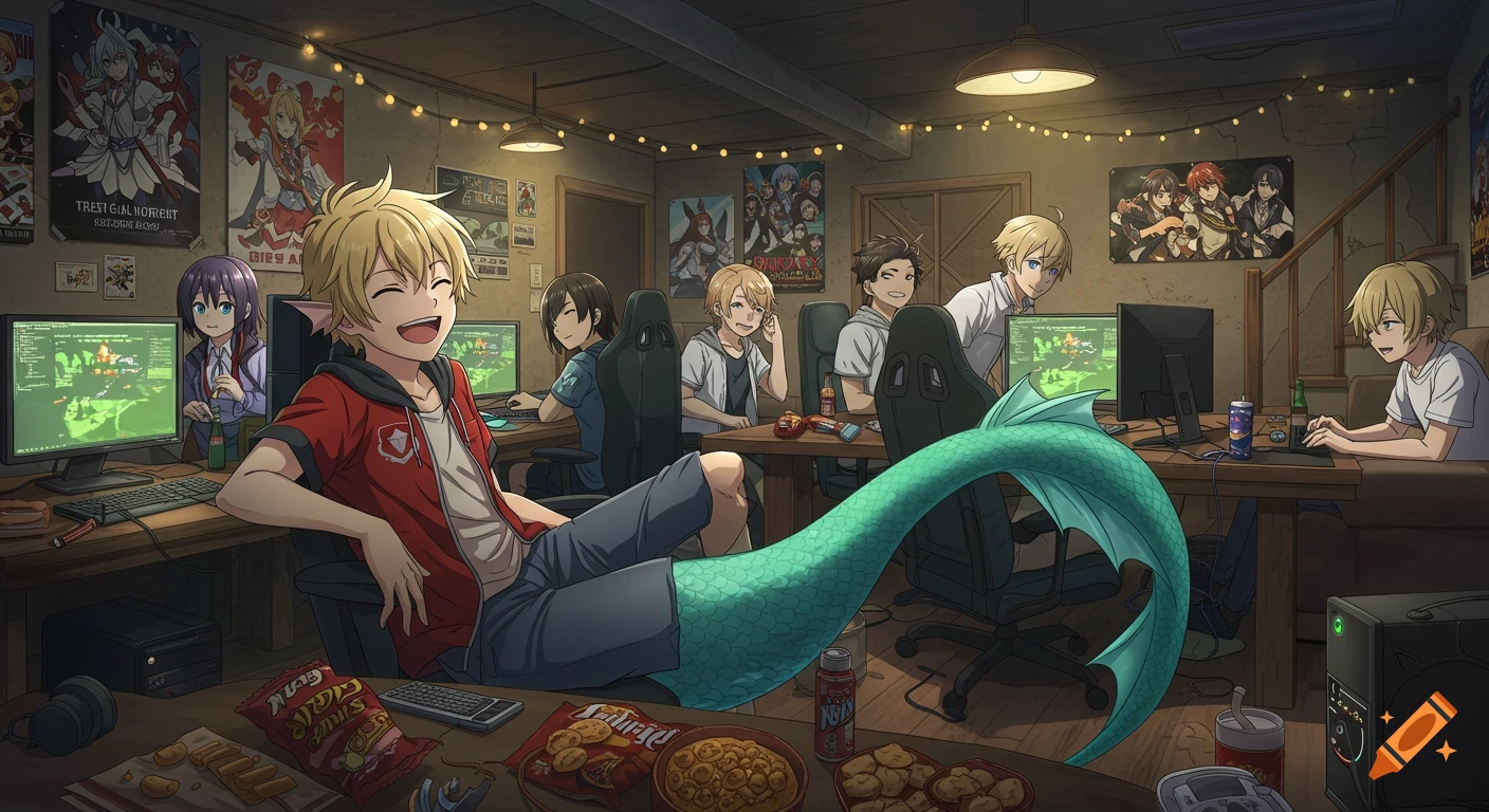 An anime-style image of a blond merman laughing while playing computer games at a LAN party with human friends in a basement.