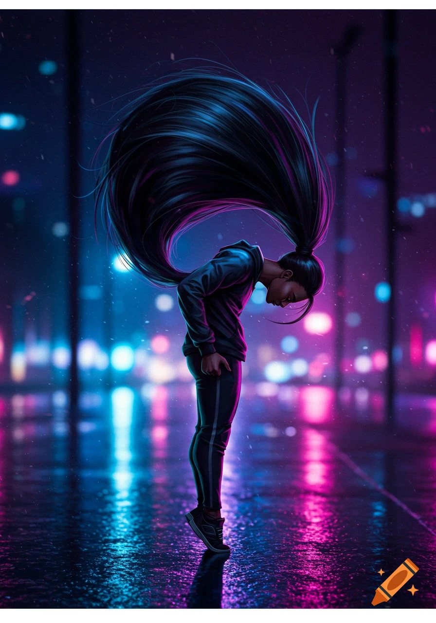 A person with an extremely long, flowing ponytail stands on a wet, neon-lit city street at night, illuminated by blue and pink lights.