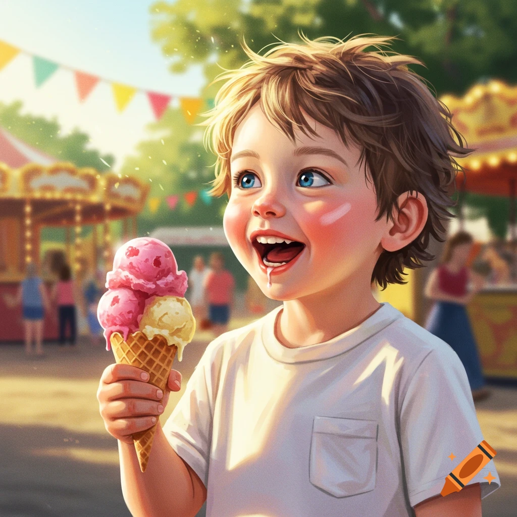 A happy boy holding a melting triple-scoop ice cream cone, smiling joyfully at a sunny outdoor carnival.