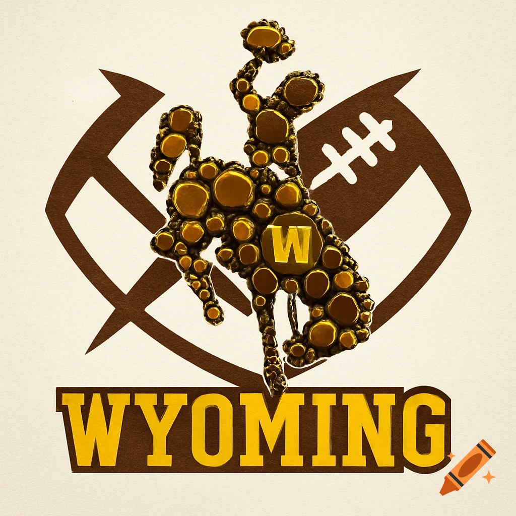 A logo featuring a bucking bronco made of golden bottle caps, with a brown football silhouette behind it, and "WYOMING" text below.